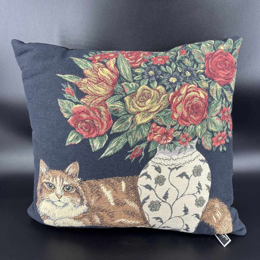 Vintage Cat W/ Flower Vase Themed Decorative Tapestry Style Throw Pillow